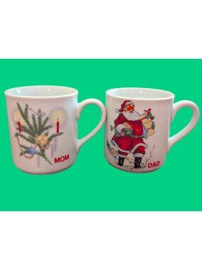 Vintage Schmidt Christmas Mugs Mom & Dad Set With Santa & Tree Design 1980s Porc